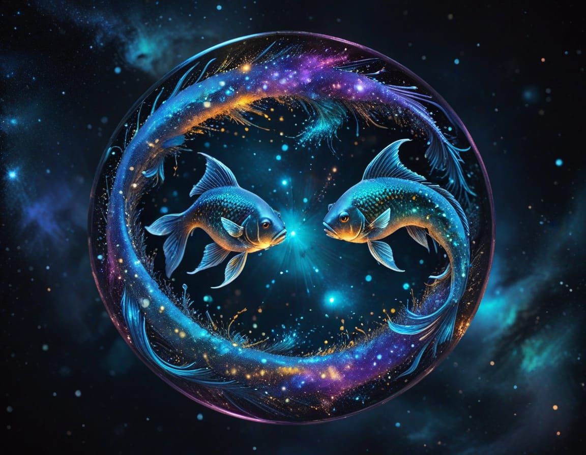 Cosmic Pisces Yin-Yang Formation in Vibrant, Surreal Illustr...