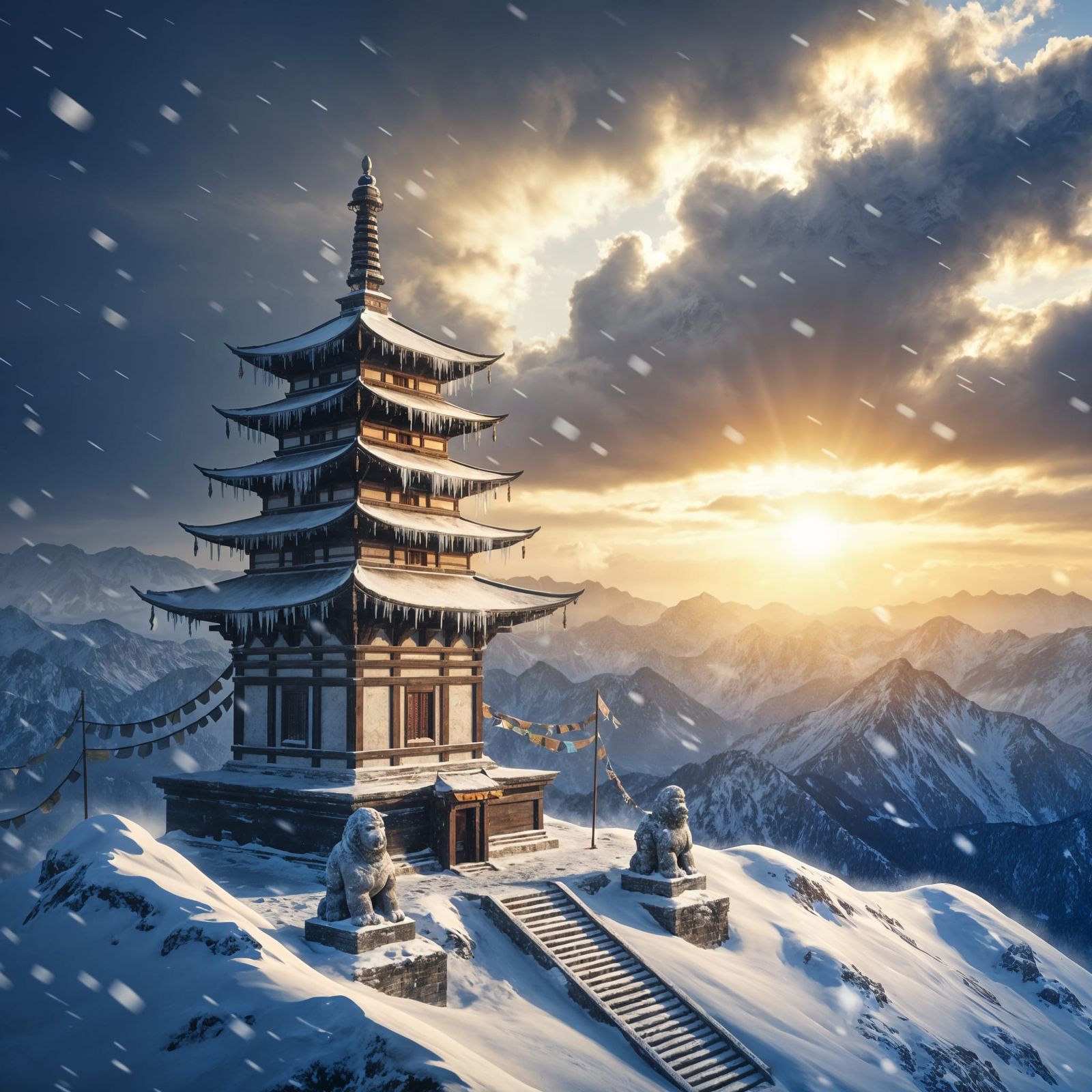 Winter Pagoda at Sunset Digital Matte Painting