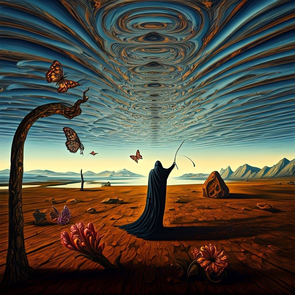 Surreal Landscape with Elastic Flora and Grim Reaper