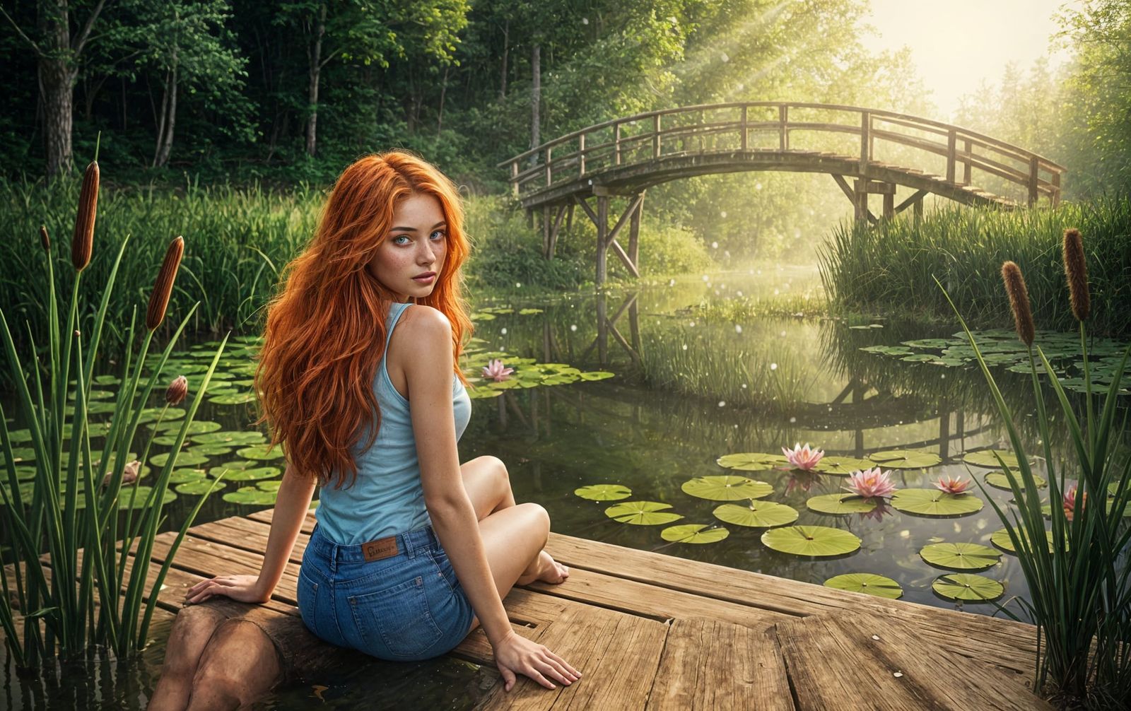 Young Woman with Fiery Red Hair by Serene Lake