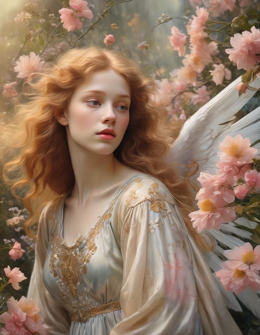 Ethereal Angel in a Garden: Pre-Raphaelite Portrait