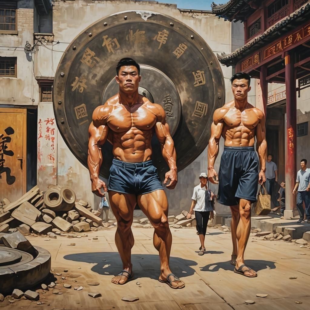 Giant Bodybuilder Flexing with Gong