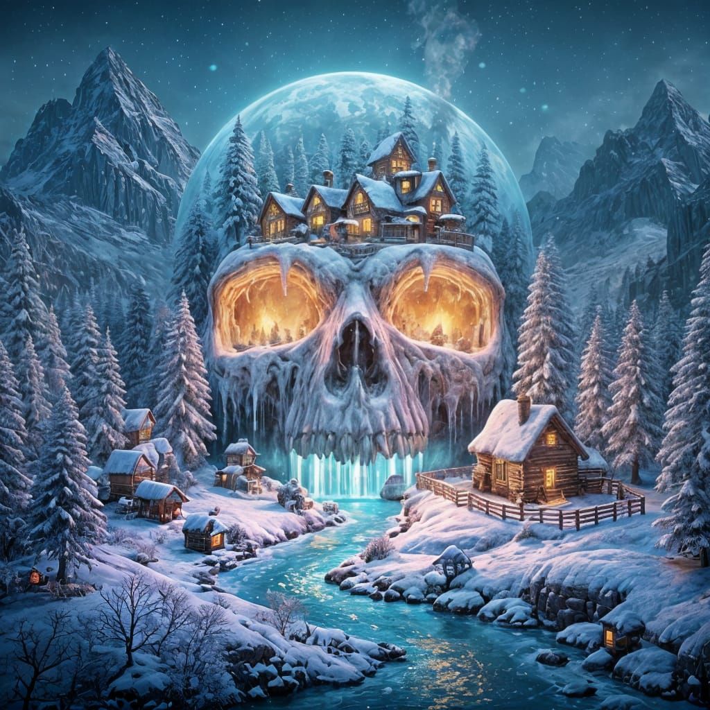 Miniature Village in Giant Glowing Skull, Fantasy Art