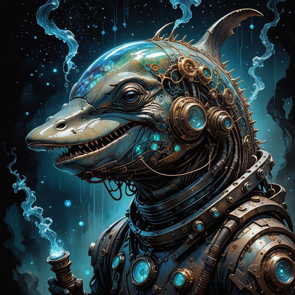 Cyber Dolphin Smoking a Glowing Pipe in Starry Outer Space
