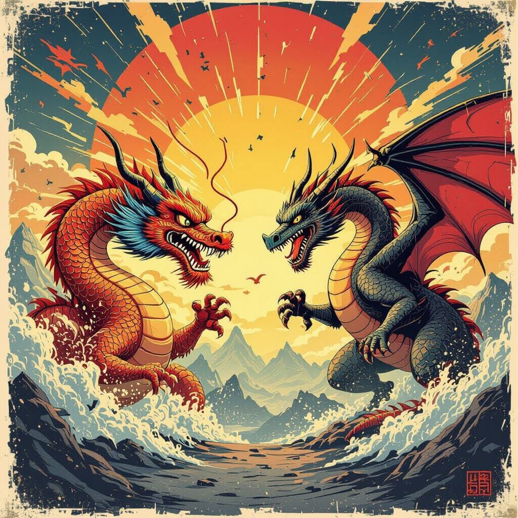Chinese Dragon vs Western Dragon Fight Poster