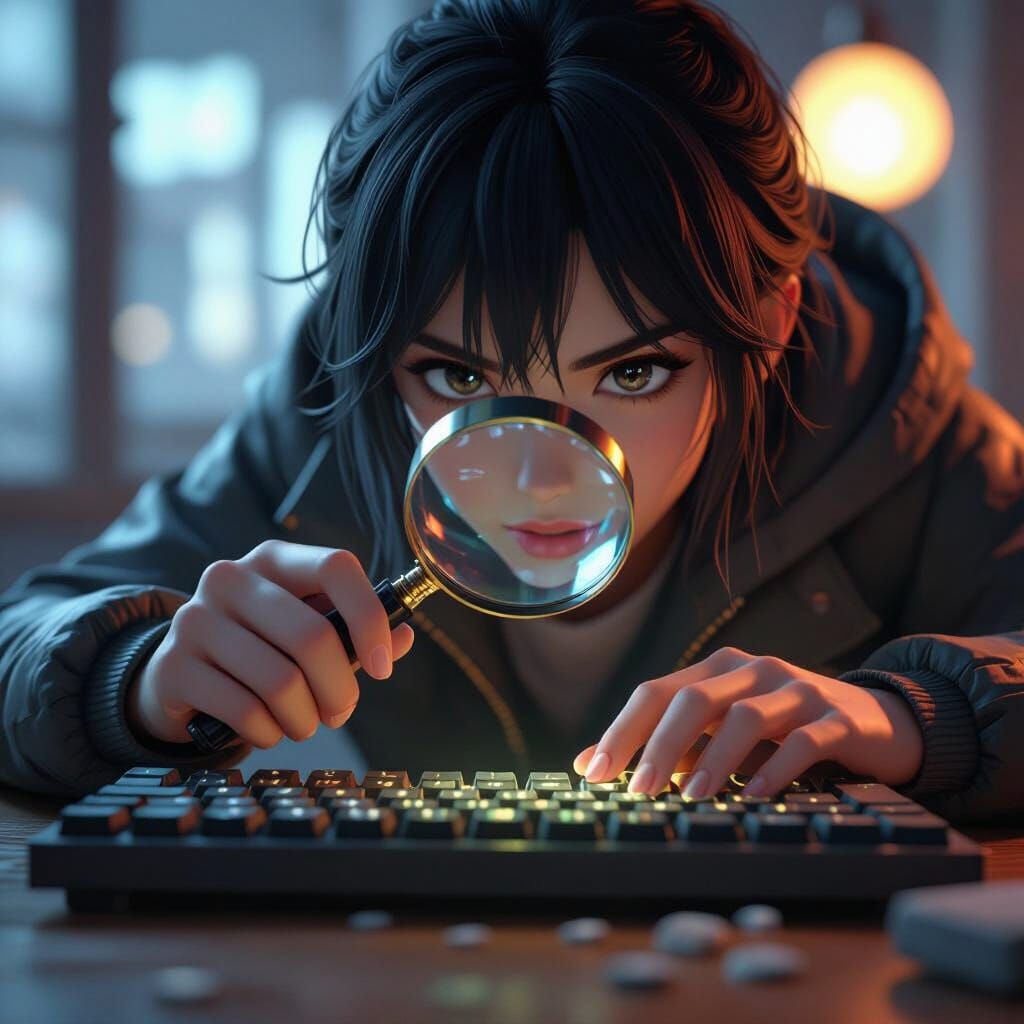 Detailed 3D Anime Art of Person Examining Keyboard Letters