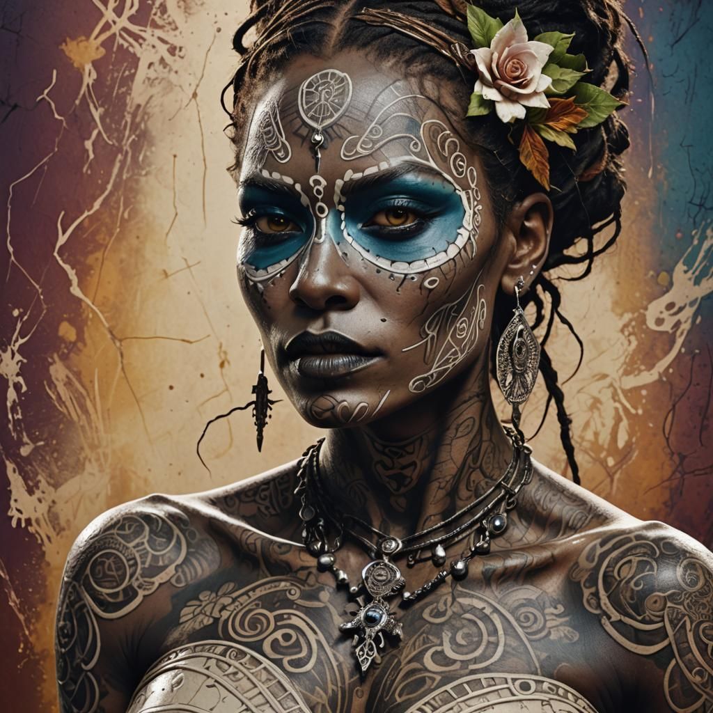 Voodoo Goddess with Cracked Porcelain Skin: Hyperrealistic A...