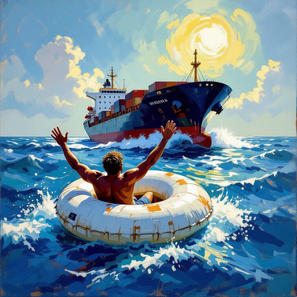 Stranded Man Waves to Ship in Rugged Ocean Impasto Painting