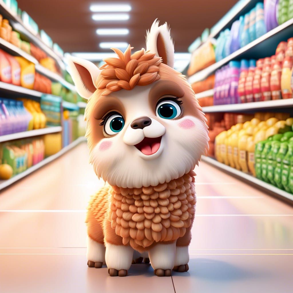 Hyperrealistic Chibi Alpaca at the Supermarket