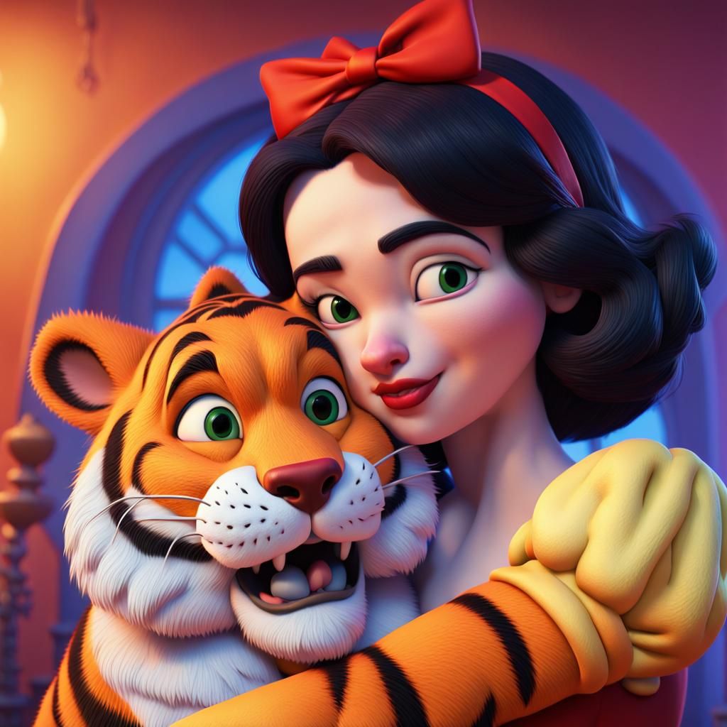 Snow White and Tony Tiger: CGI Cartoon Snuggle