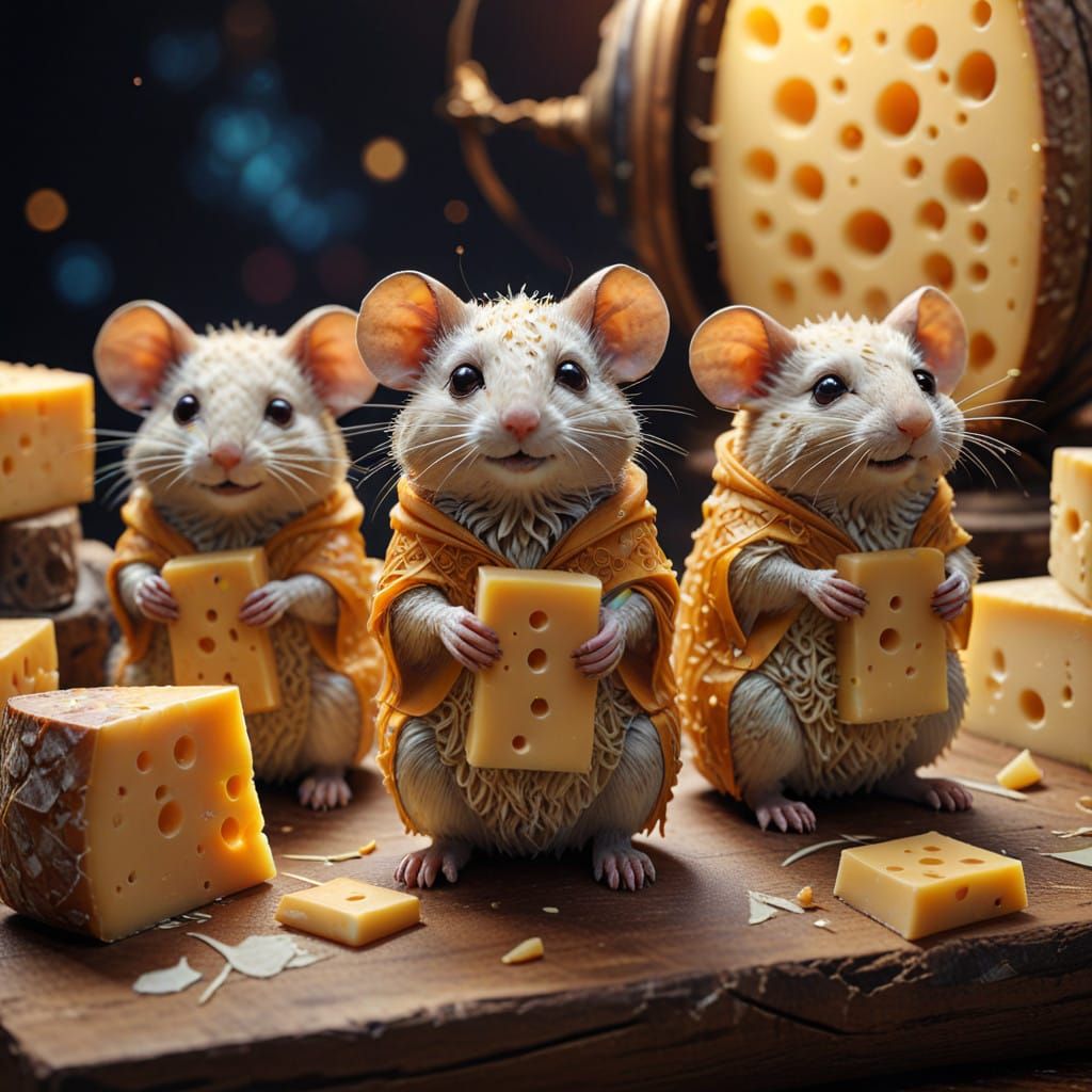 Hyper-Realistic Cheese Mice in Epic Fantasy Landscape