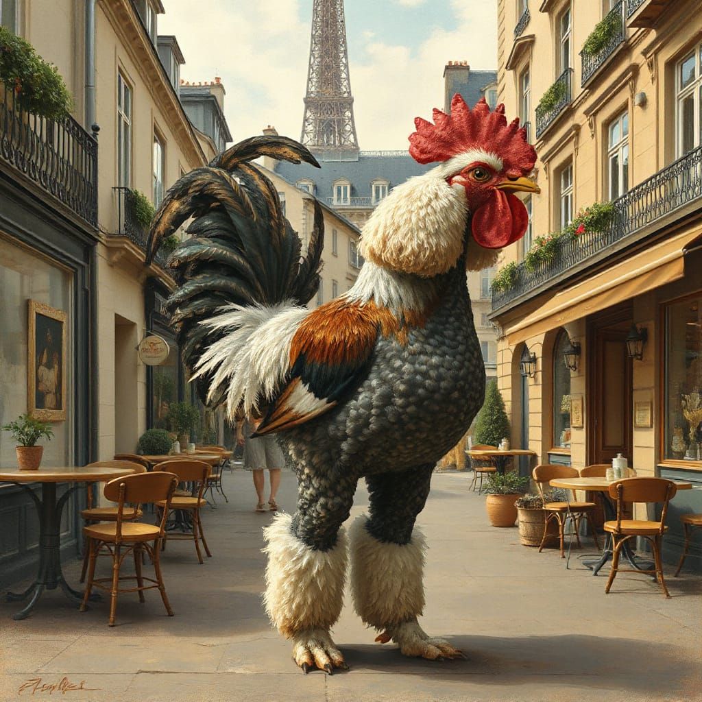 Elegant Rooster Poodle in Whimsical Parisian Scene