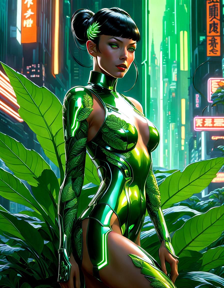Biopunk Human with Plant Modifications in Cyberpunk City