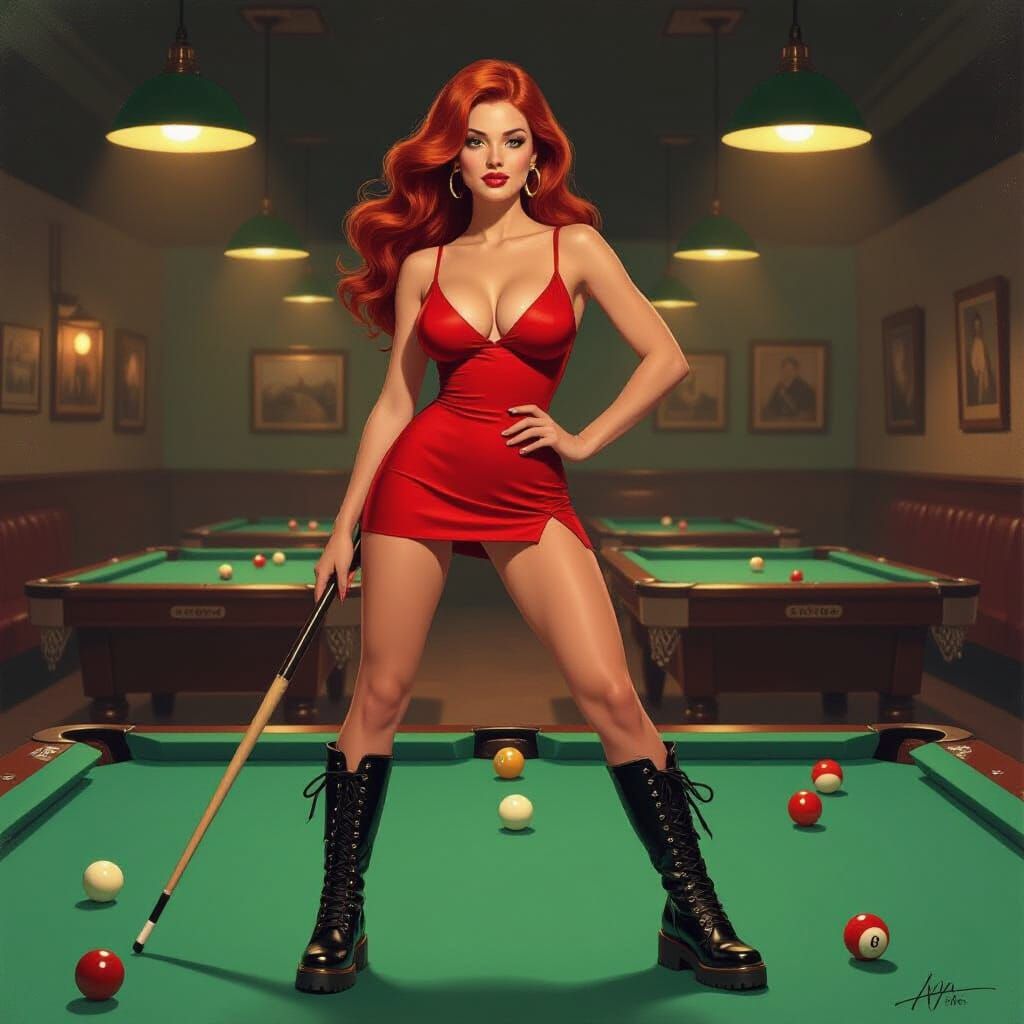 Confident Woman in Pool Hall, Gestural Expressionism