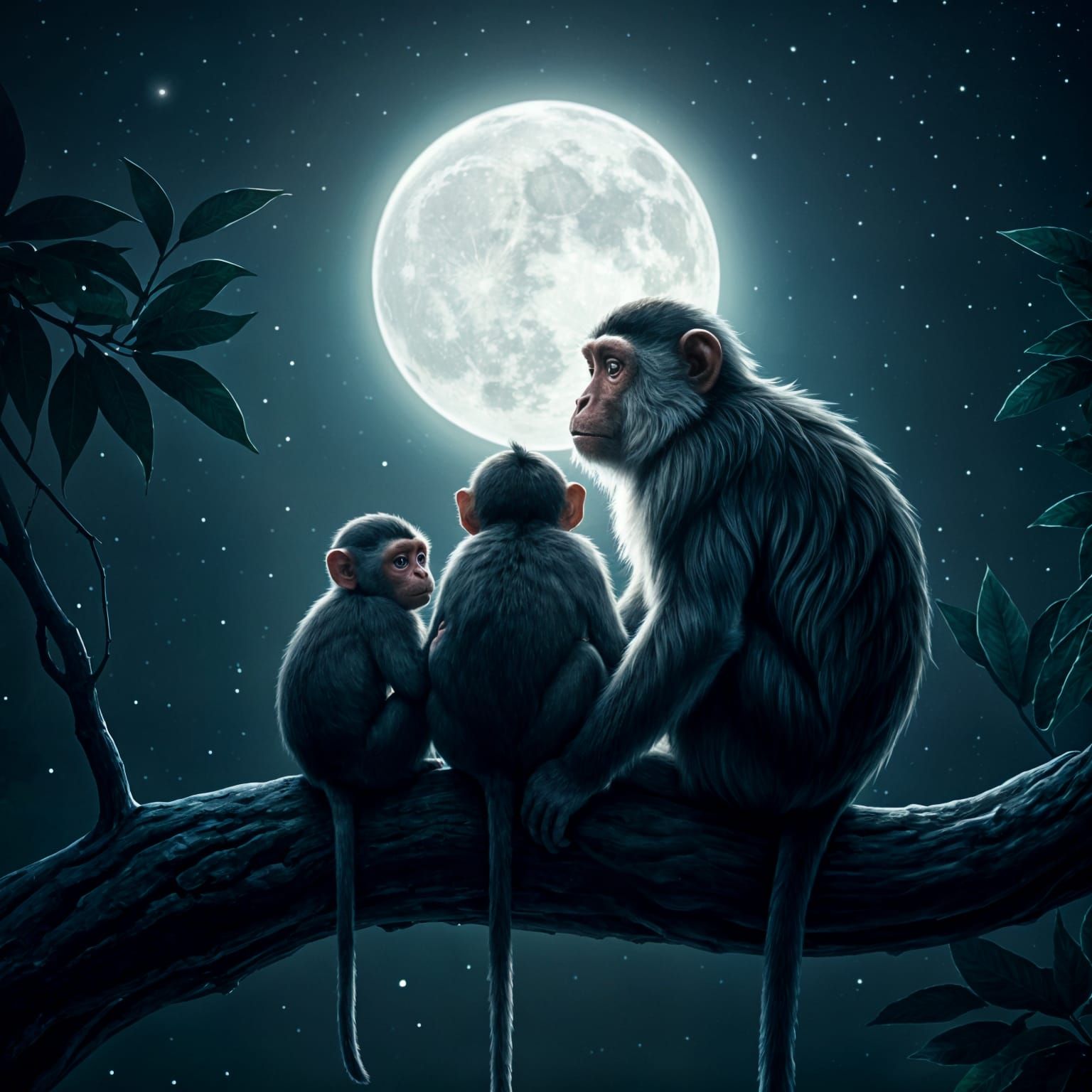 Silhouetted Monkeys Gazing at Moonlit Night Sky