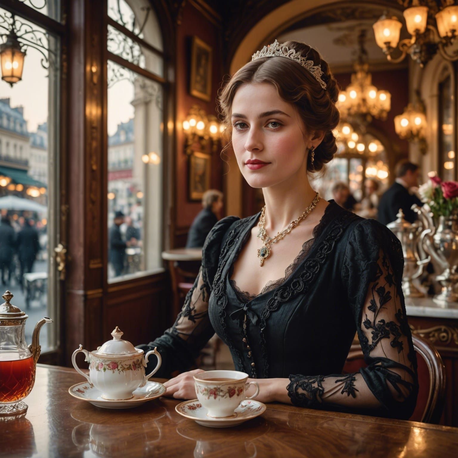 Belle Époque Lady in Parisian Cafe at Sunrise