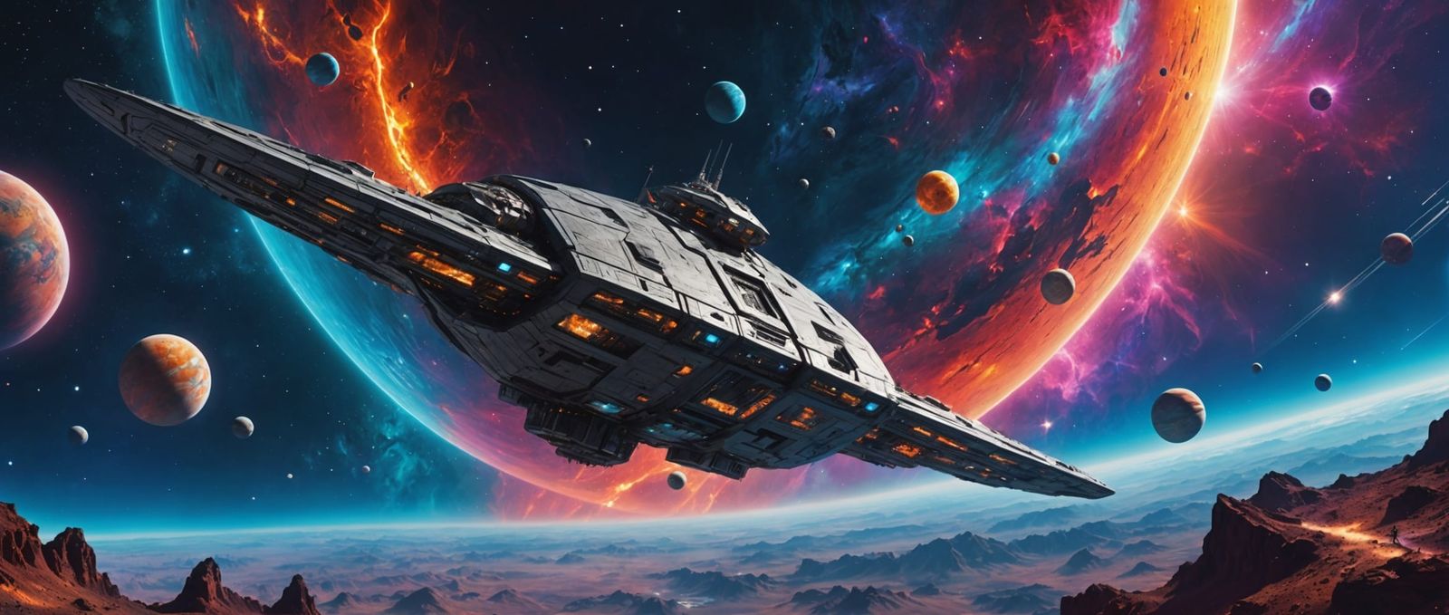 Spaceship Orbiting Planet in Bright Nebula: Cosmic Illustrat...