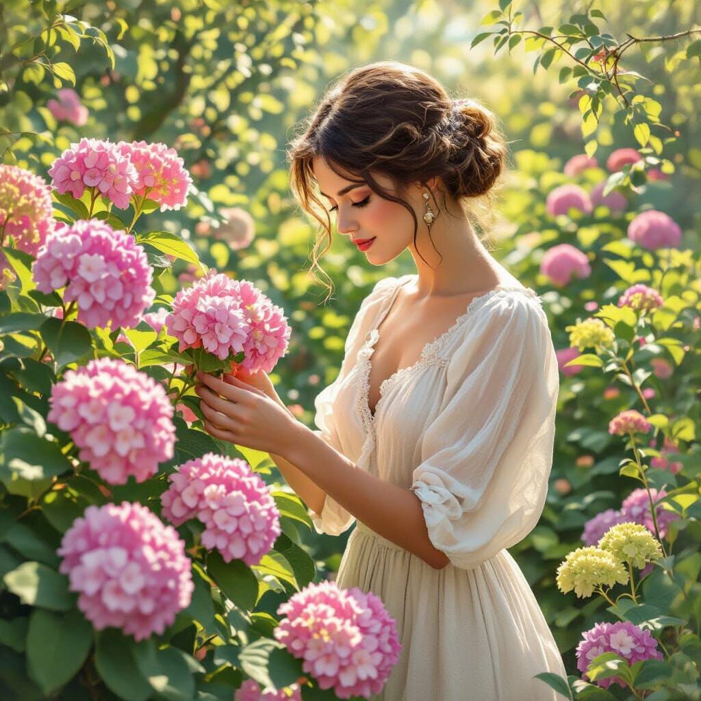 Sarbell Pruning Hydrangeas in an Alphonse Mucha Style
