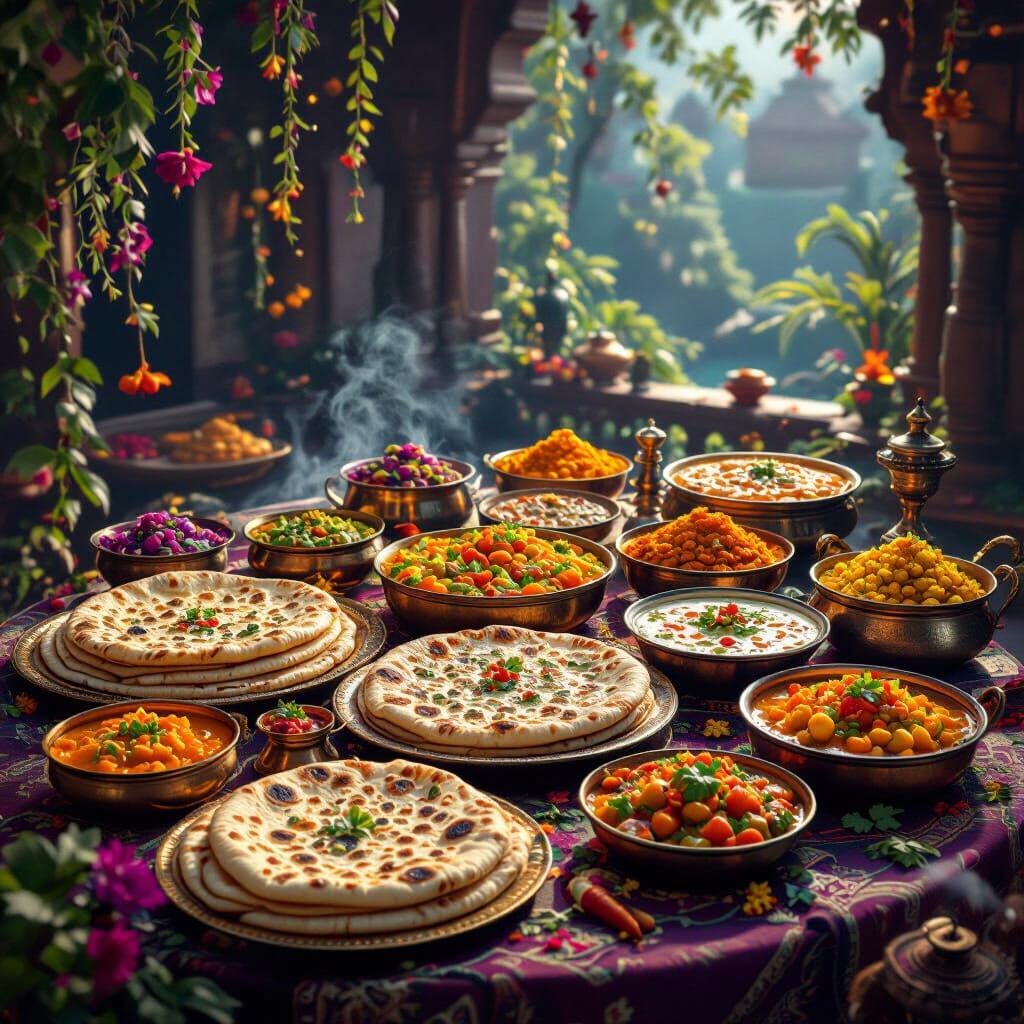 Bountiful Indian Feast: Rotis and Veggies in Fantasy Style