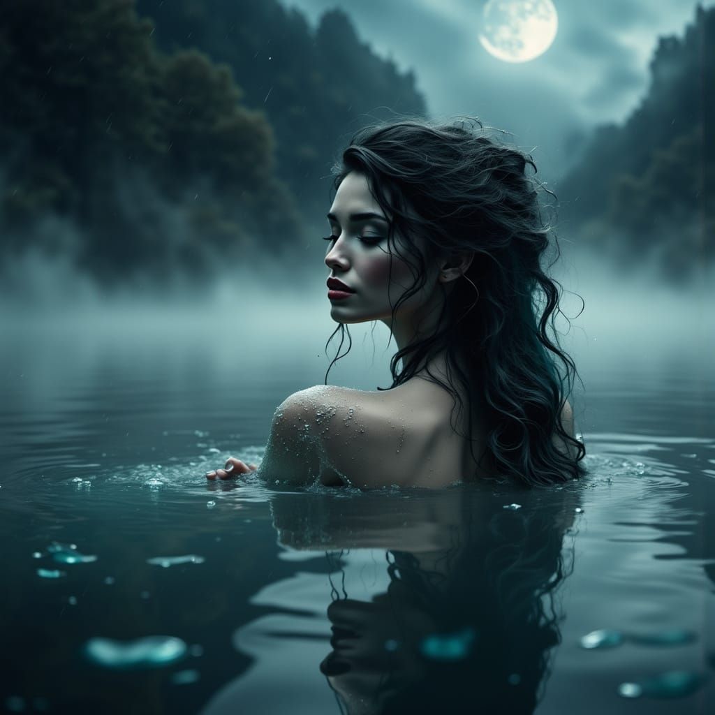 Ethereal Rusalka Emerges from Misty Moonlit Lake