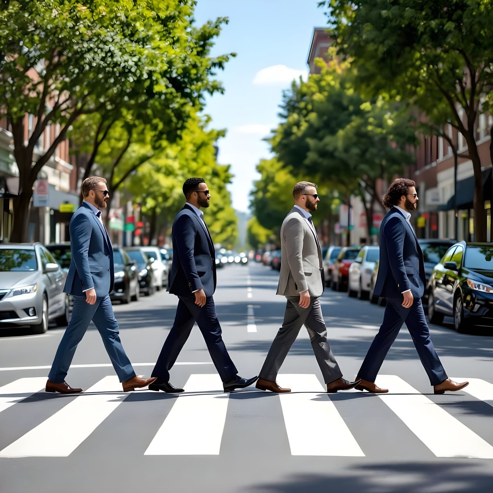Four Men in Semi-Formal Attire Crossing Zebra Crossing