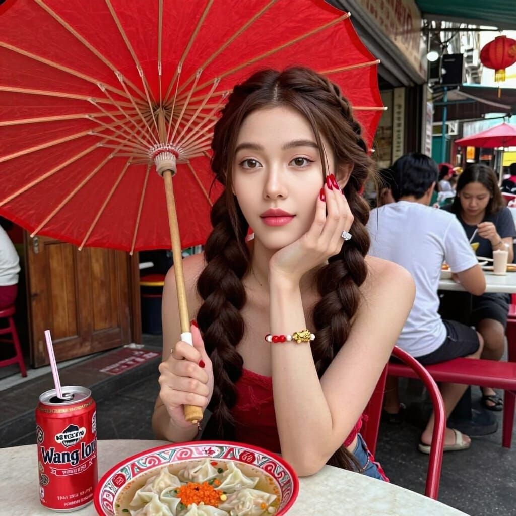Model in Chinatown with Red Umbrella and Wonton Soup