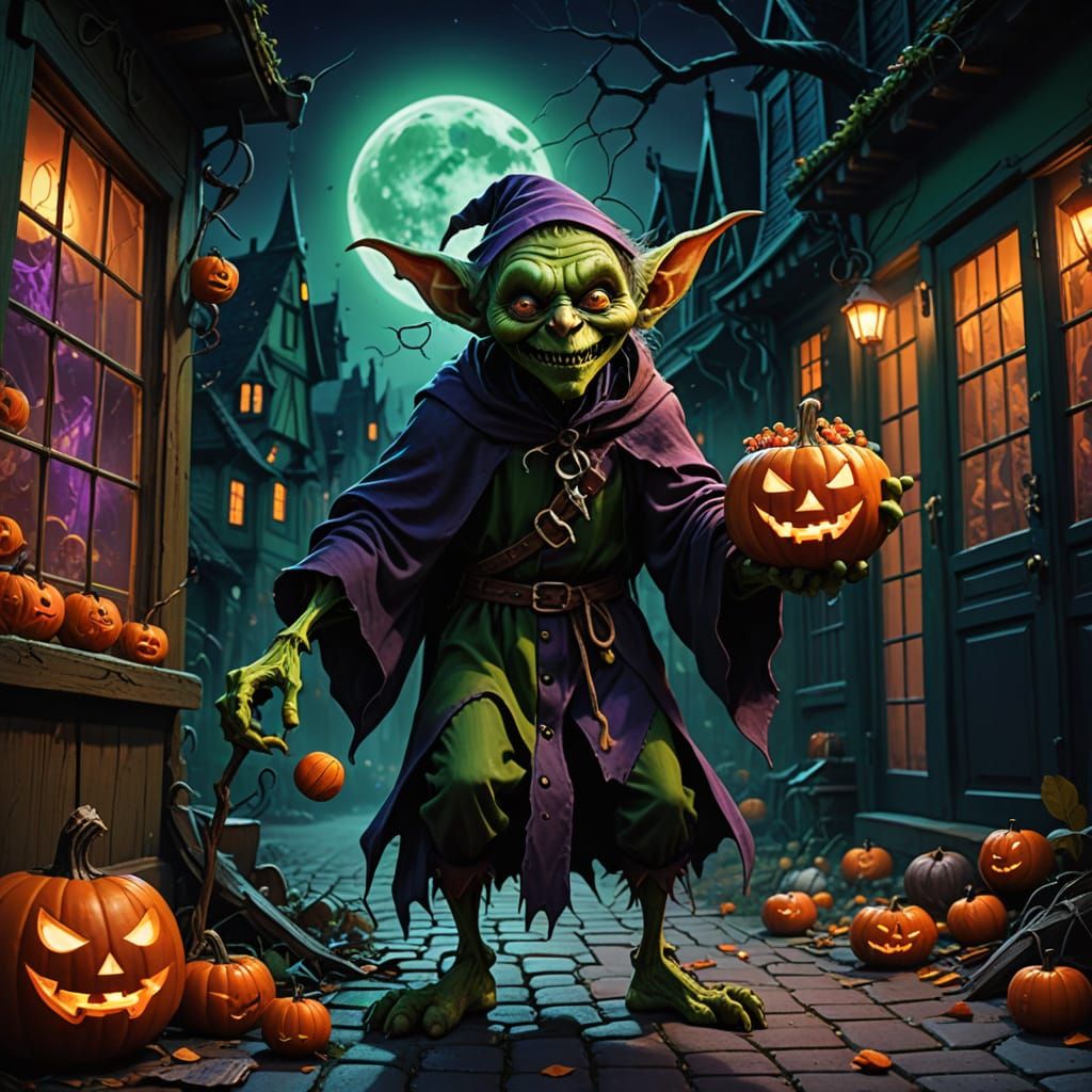 Mischievous Goblin Steals Candy on Halloween Night