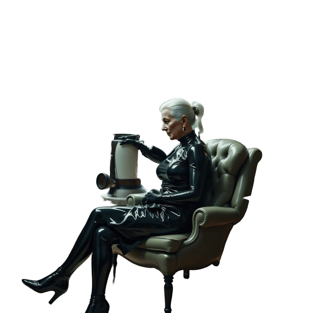 Elderly Woman in Latex Comforts Robot in Rustic Room
