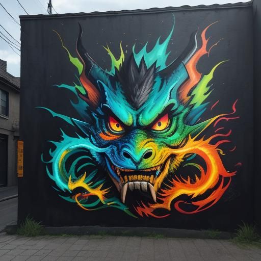 Dragon with Anime Features in Urban Graffiti Style