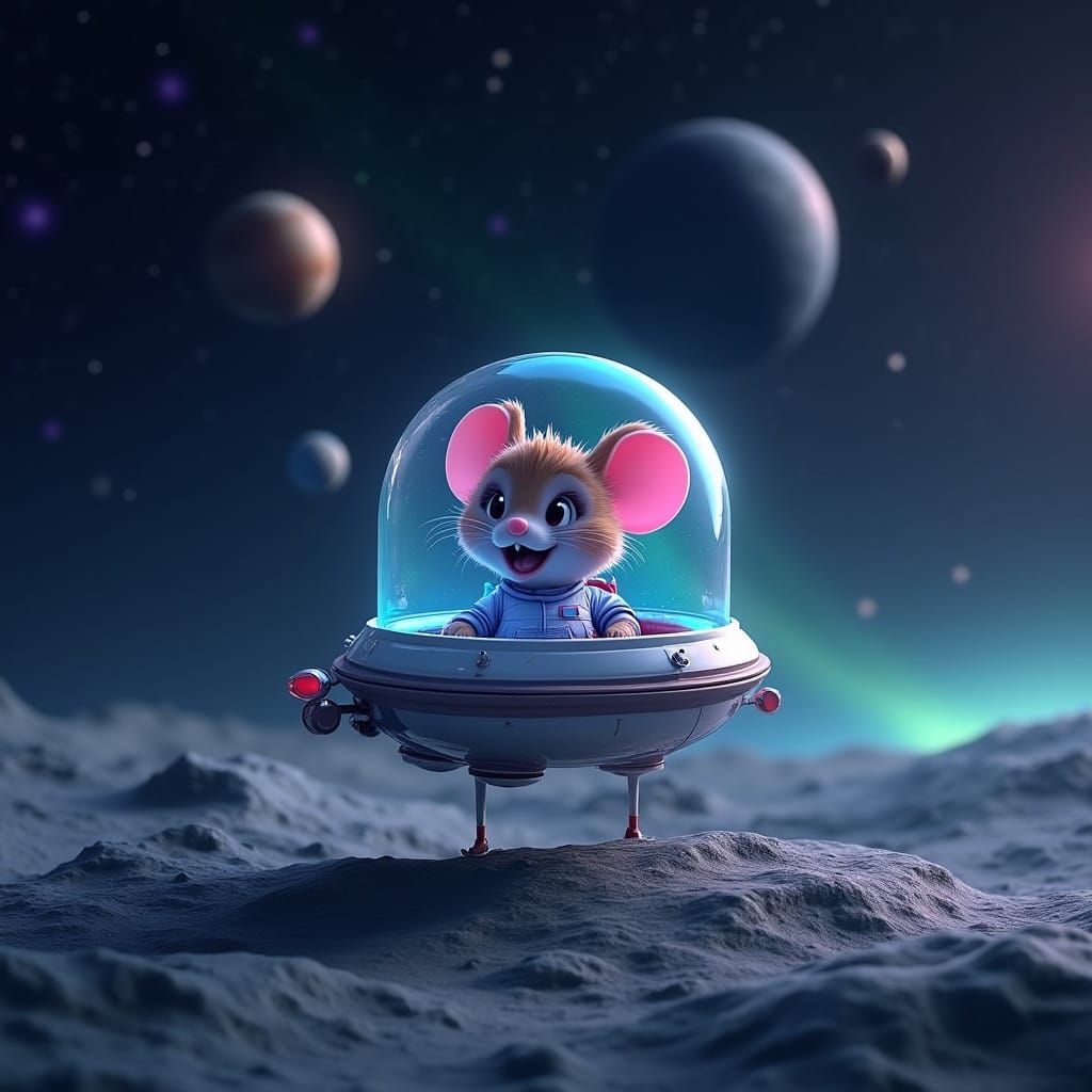 Hyper Realistic Hologram Chibi Mouse in Lunar Miniature Cosm...