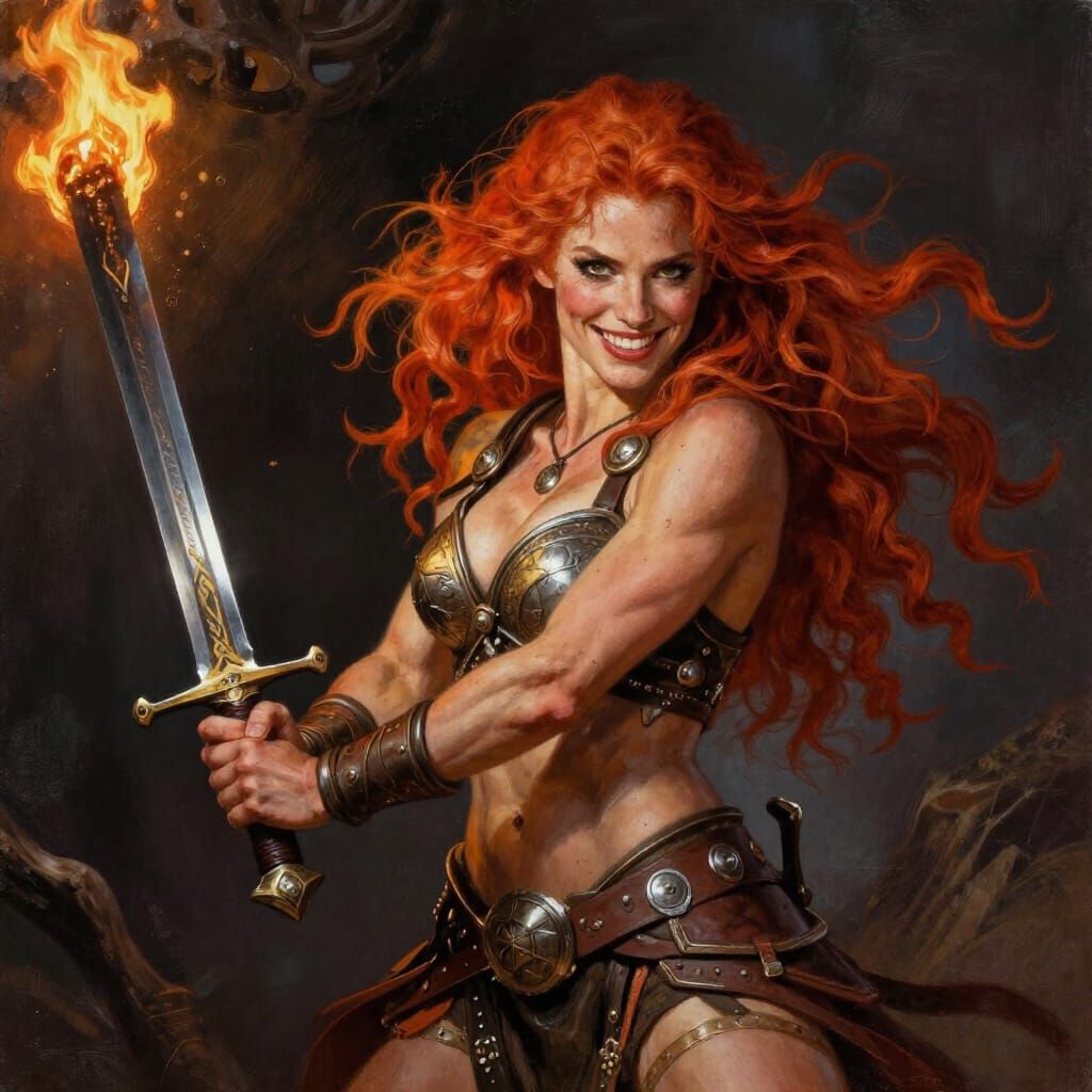 Redhead Warrior Woman with Sword in Dark Fantasy Style