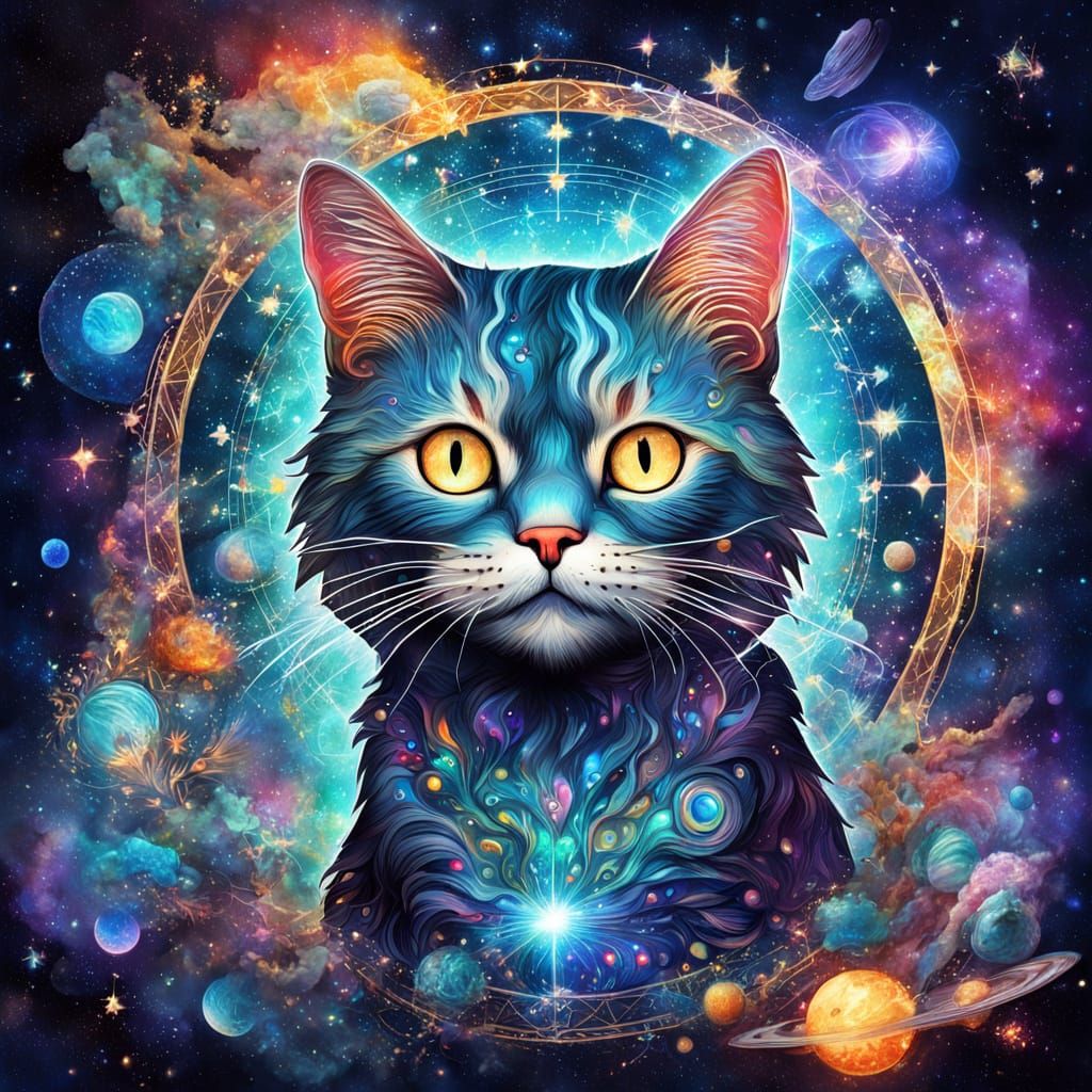 Celestial Feline in Vibrant Cosmic Realms