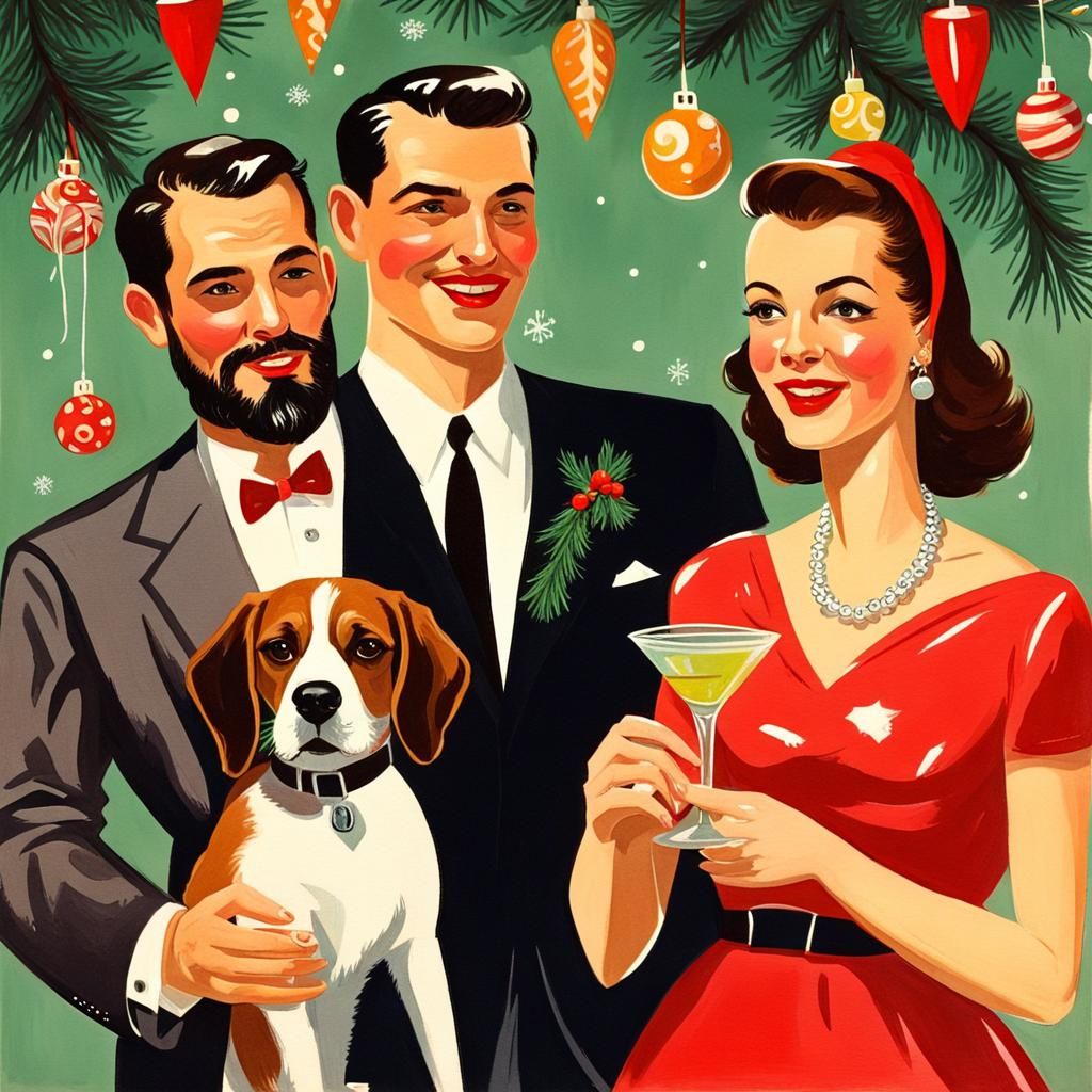 1950s Christmas Cocktail Party Gouache Painting