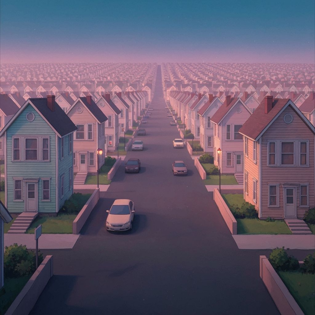 Surreal Twilight Neighborhood With Identical Pastel Houses