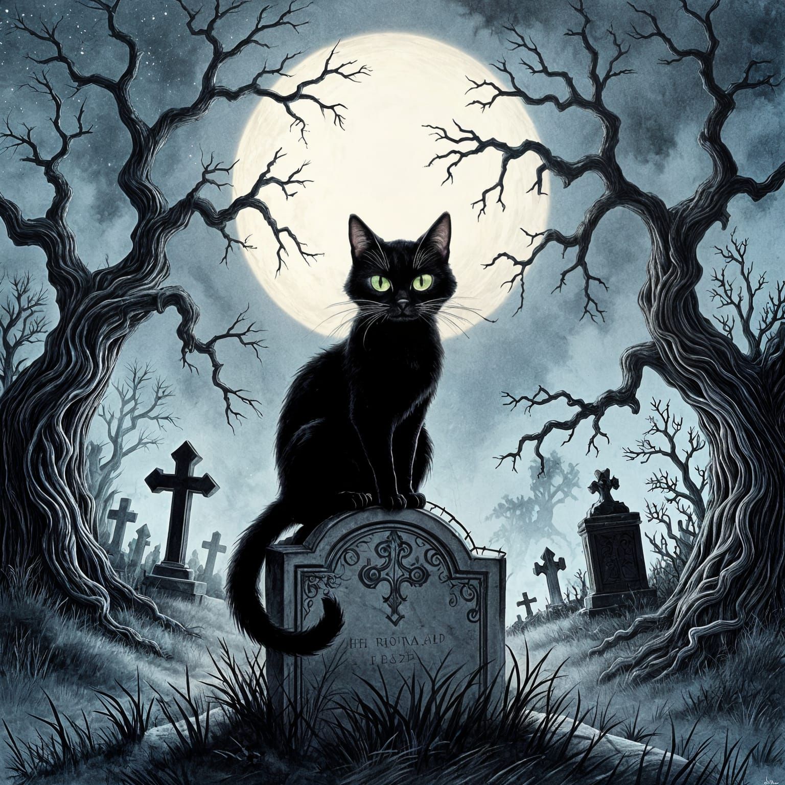 Black Cat in Gothic Cemetery Pencil Sketch