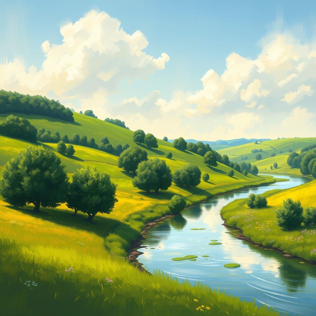 Impressionist Summer Landscape with Rolling Hills and River