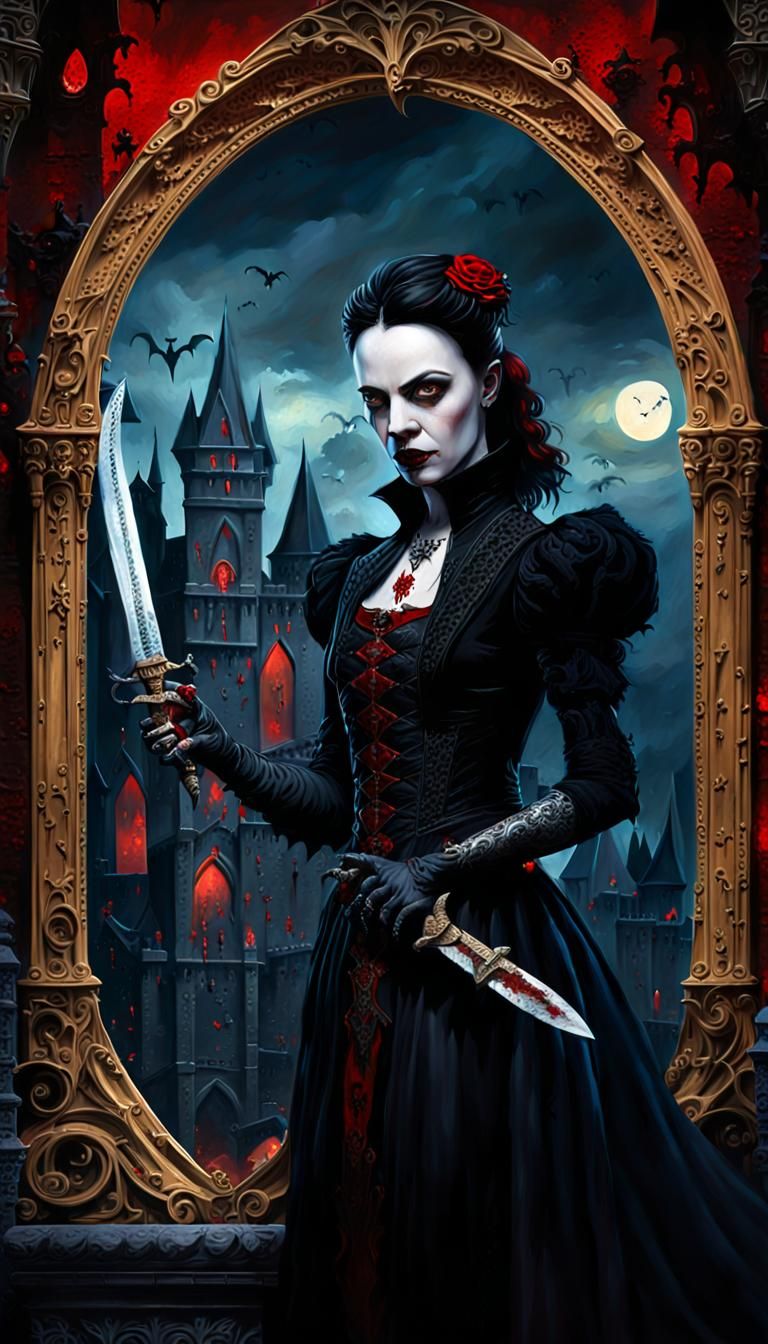 Gothic Vampire Woman with Dagger in Oil Painting