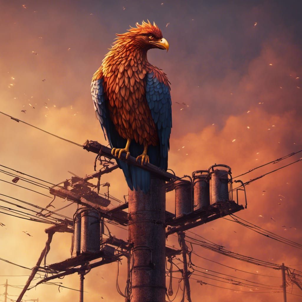 Fantastical Phoenix on Telephone Pole in Detailed Matte Pain...