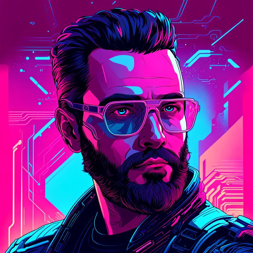 Cyberpunk Portrait: Neon-lit Bearded Man in Vector Art