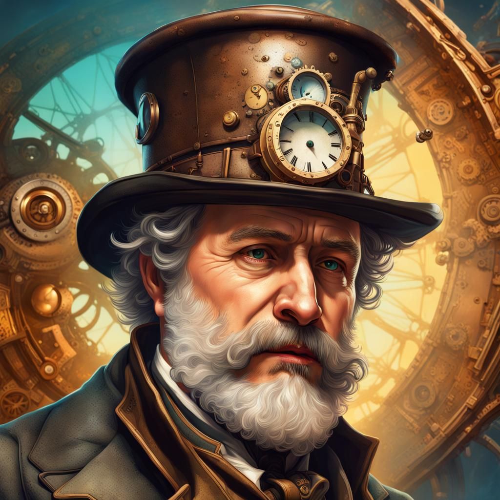Jules Verne in Steampunk Hat: Hyperrealistic Portrait