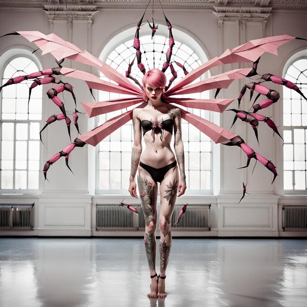 Girl with Spider Arms and Insect Wings in Hyperrealism