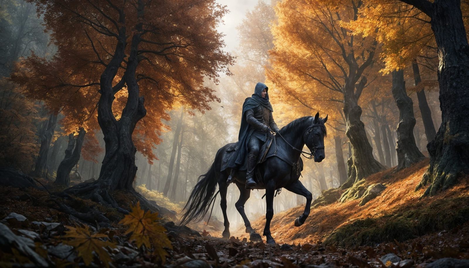 Medieval Knight Rides into Dark Autumnal Forest