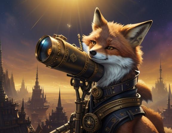 Steampunk Fox Charts Stars on Floating Island