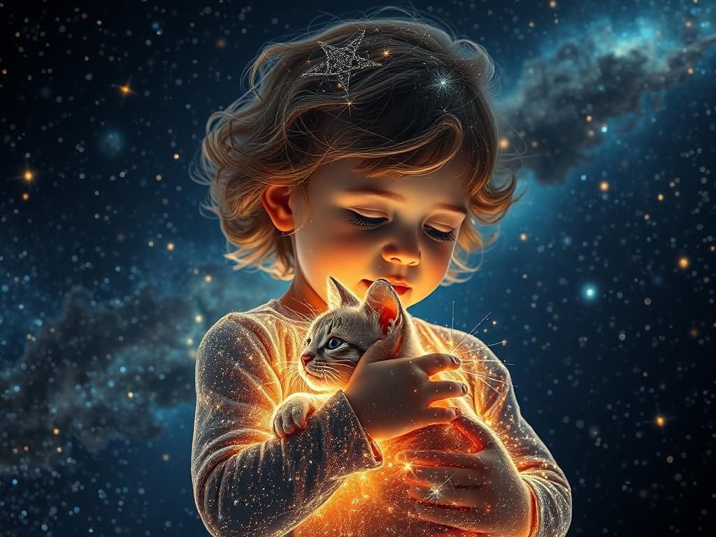 Celestial Child Embraces Kitten in Astral Starry Night