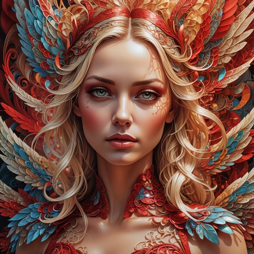 Abstract Fractal Portrait: Blonde Woman with Zentangle Wings