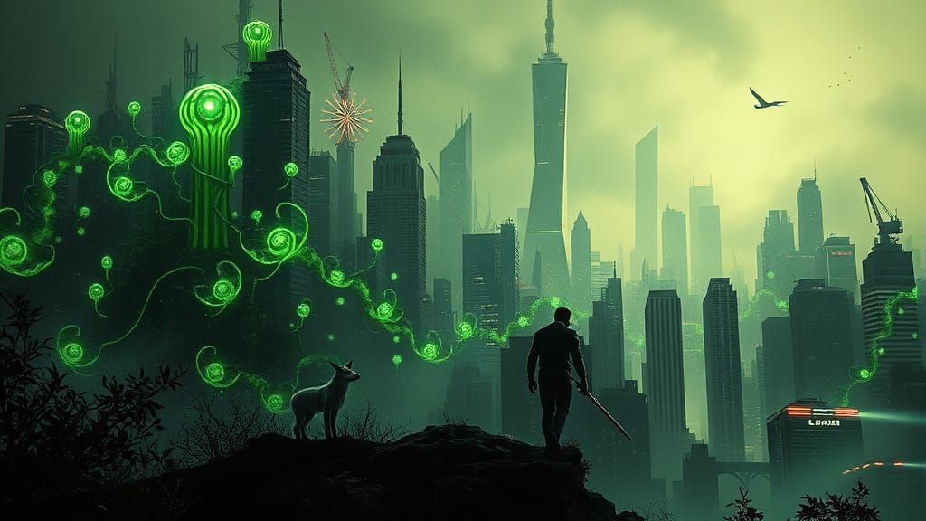 Blade Runner Cityscape with Bioluminescent Flora and Fox