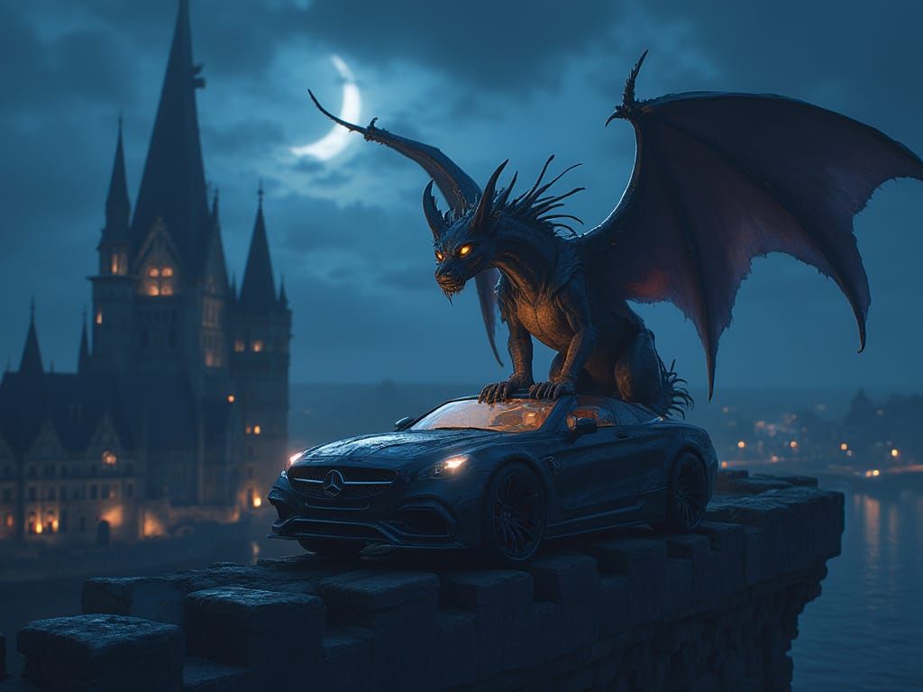 Gargoyle Car Hybrid Perched on Castle Wall