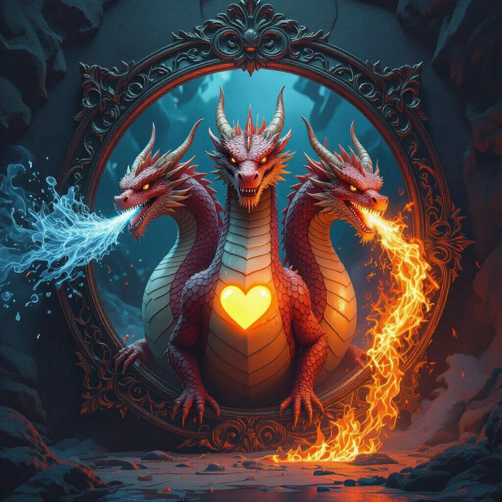 Three-Headed Dragon in a Mystical Mirror