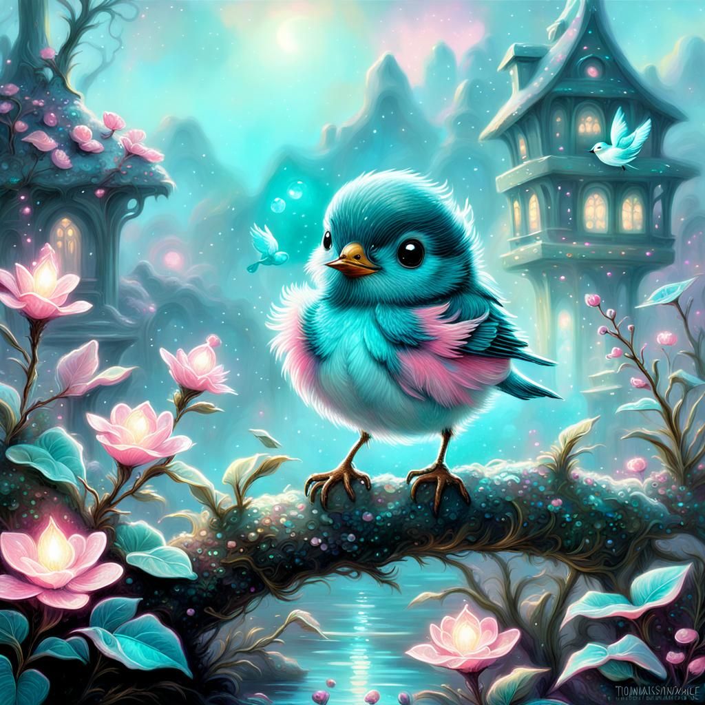 Bioluminescent Kawaii Bird in Holographic Fantasy