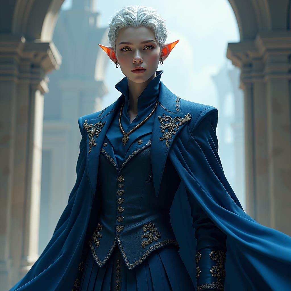 Ethereal Elf in Indigo Suit, Detailed Matte Painting